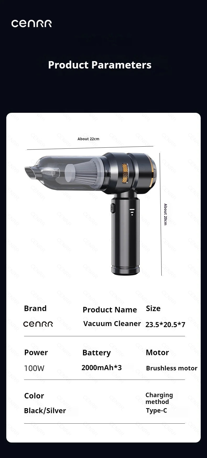 CENRR – Aspirateur Voiture Sans Fil Portable